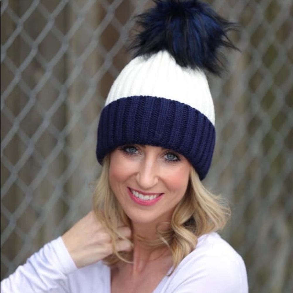 Blue and white pom beanie